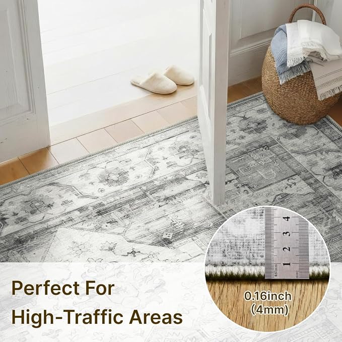 5x7 Area Rug for Living Room Vintage Neutral Washable Rugs | Stain Resistant Farmhouse Boho Floral Indoor Carpet for Bedroom Office and Home Decor(Black&Grey)