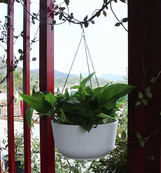 Dexceder 11.2 Inch Self Watering Hanging Planter (2 Pack, White) | Thickened Hanging Basket Flower Plant Pot Indoor Outdoor