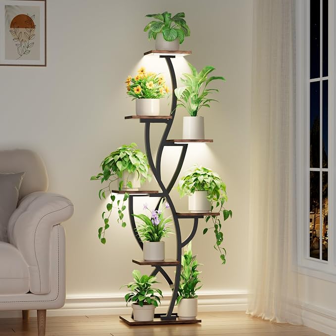 EVAWOO Plant Stand Indoor with Grow Lights - 58" Corner Plant Shelf Indoor, 7 Tiered Tall Lighted Plant Stand for Indoor Multiple Plants, Flower Stands Display Rack Holder for House, Patio, Black
