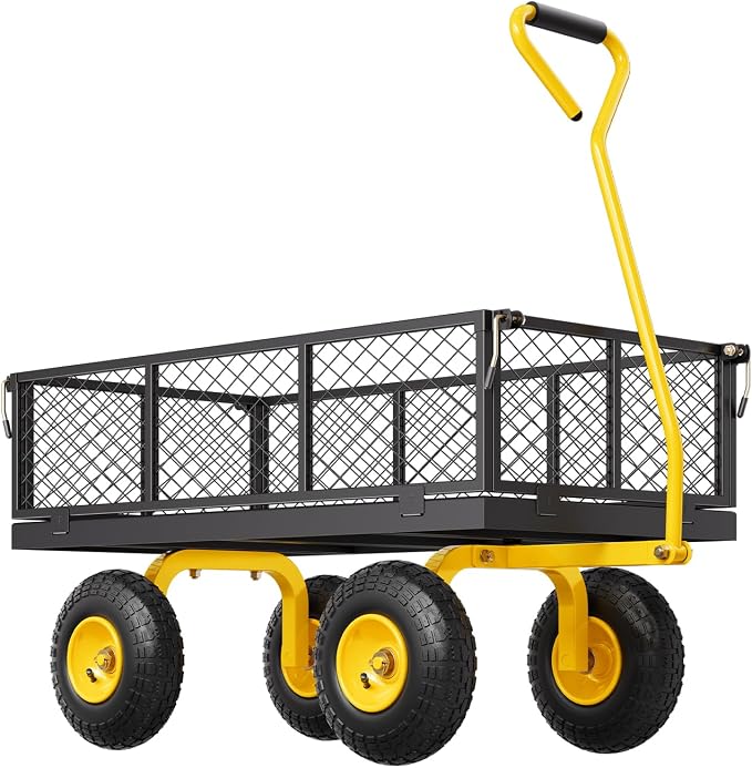 VEVOR Heavy Duty Steel Garden Cart 900 lbs Garden Wagon Cart on Wheels | Outdoor Metal Yard Utility Wagon with 10" Tires, Mesh Detachable Sides (Convert to Flatbed) and 180° Rotating Handle
