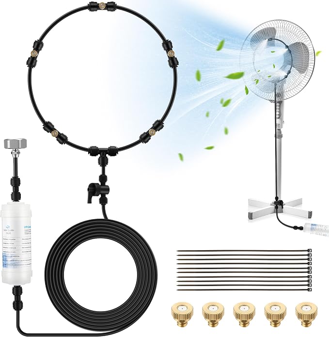 Enhon Outdoor Misting Fan Kit with Filters, 32.8 ft Misting Line, 5 Brass Nozzles, Fan Cooling Mister with Switch Valve for Patio Breeze Garden Greenhouse Backyard Yard BBQ Accessories, Party Supplies