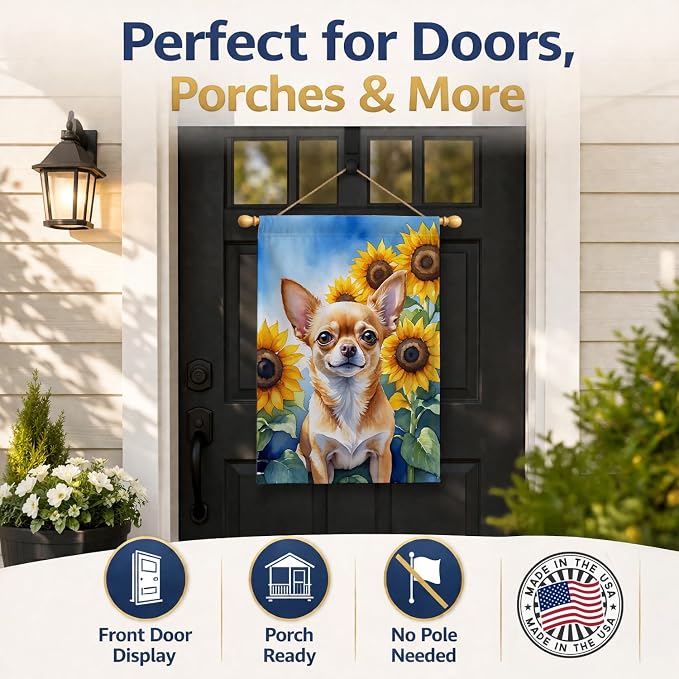 Caroline's Treasures DAC6051CHF Chihuahua in Sunflowers House Flag Large Porch Sleeve Pole Decorative Outside Yard Banner Artwork Wall Hanging, Polyester, House Size, Multicolor