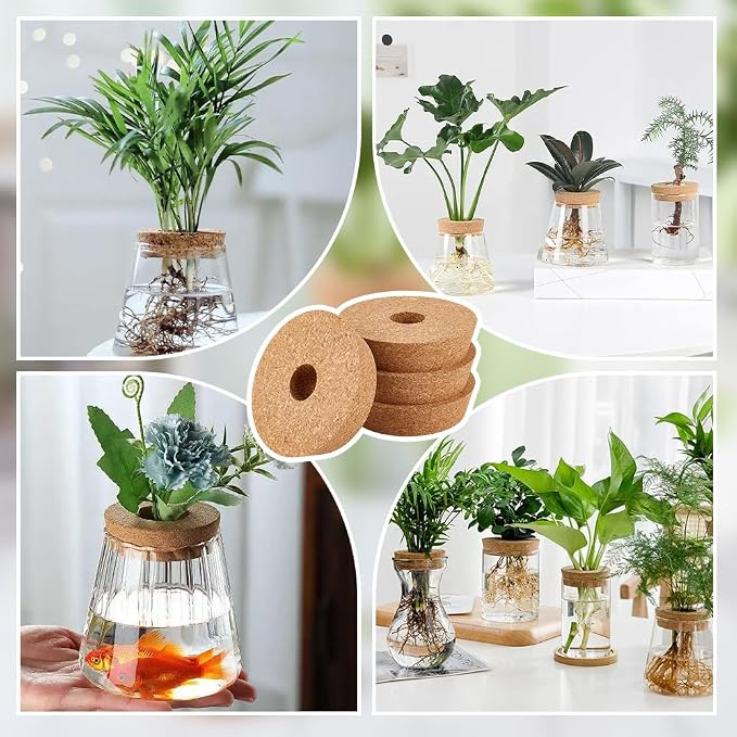 OLYCRAFT 4 Pack Cork Lids for Glass Planters 4.2~4.7 Inch Hydroponic Lids 1.2 Inch Thick Terrarium Cork Covers with 1.2 Inch Hole Natural Cork Stoppers for Hydroponic Plant Propagation Growing Vases