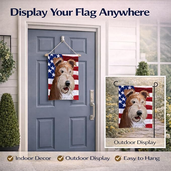 Caroline's Treasures CK6527GF Fox Terrier Wire Dog American Flag Garden Flag Mailbox Flag Decorative Yard Flag Banner Outside Patio Artwork Yard Flower Beds, Garden Size, Multicolor