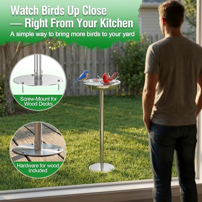 tinnmao 304 Stainless Steel Bird Bath for Outside, 40 Inch Tall Freestanding Metal Birdbath & Feeder with Removable Bowl for Garden Yard Patio Lawn