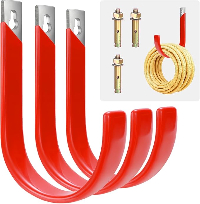 5.5 Inch Metal Garden Hose Holder, 3 Pack Heavy Duty Wall Mount Hooks for Hanging, Hose Hanger Organizer for Garden Hoses Metal Hook Outdoor Rack for Water Hoses, Red