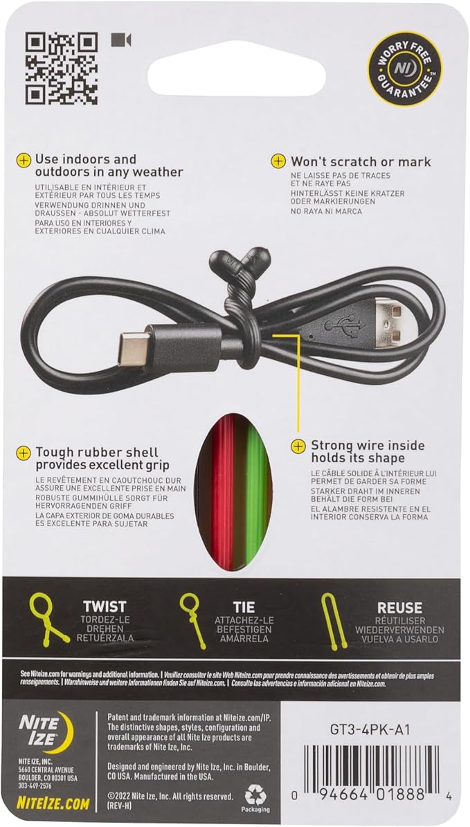 Nite Ize GT3-4PK-A1 Original Gear, Reusable Rubber Twist Tie, Made in The USA, 3-Inch, 3" - 4-Pack, Colors may vary, 4 Count