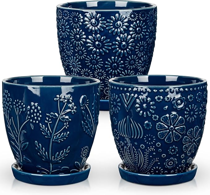 Hollyone Set of 3 Blue Ceramic Planter 6 Inch Flower Plant Pot with Drainage Hole and Saucer for Plants Embossed Indoor Outdoor Garden Embossed Ceramic Glazed Round Pot for Succulent Orchid