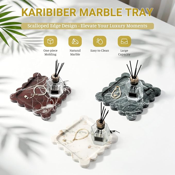Karibiber Calacatta Marble Tray, 8in White Small Scalloped Tray, Decorative Trinket Dish, Premium Square Bathroom Vanity Tray for Earrings Rings Necklaces, Unique Stone Jewelry Dish Gift