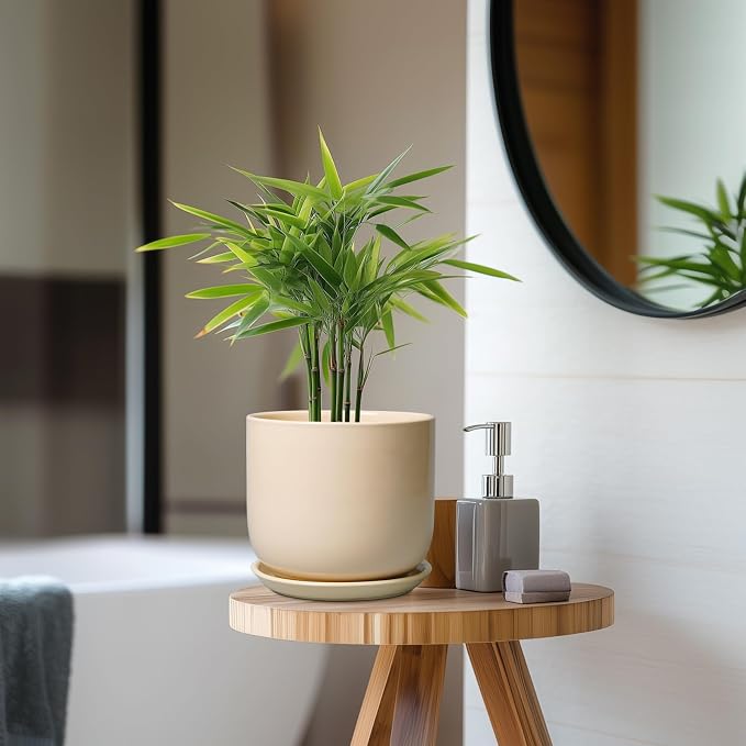 Ceramic Plant Pot - 7 Inch Mid Century Round Ceramic Planter for Indoor Plants with Drainage Hole and Saucer, Modern Home Decor, Yellow