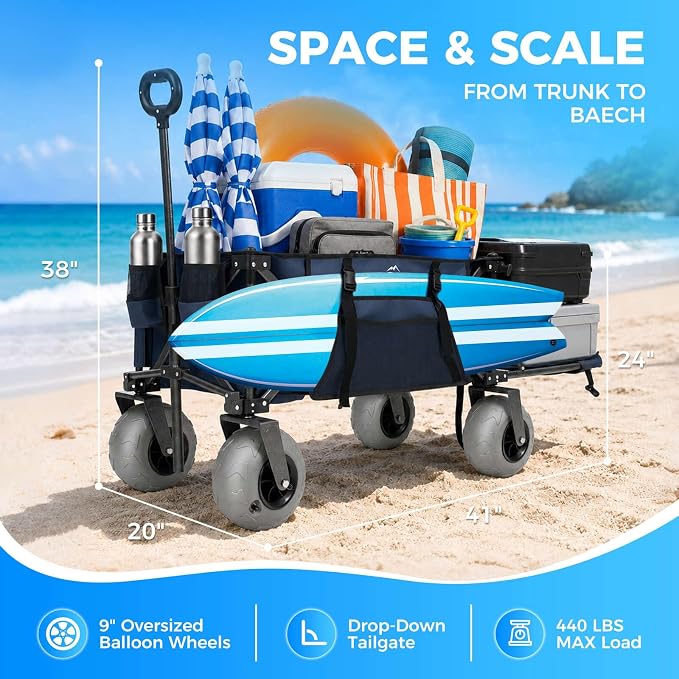 Heavy Duty Beach Wagon with 9" Big Sand-Proof Balloon Wheels, 200L Oversized Foldable Beach Cart, 440LBS Utility Wagon with Side Pocket for Sand,Camping,Vacation
