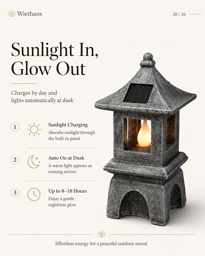 Solar Pagoda Lantern Japanese-Style with LED Flickering Flame Light, Zen Garden Statue Waterproof Resin Stone Finish Outdoor Decorations for Patio Yard Lawn, Housewarming Gifts for Mom Women