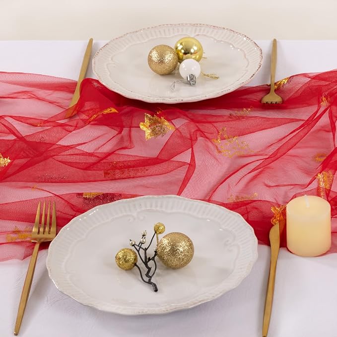 Socomi Christmas Tree Table Runner Gold Gauze Sheer Chiffon Cheesecloth Sequin 10FT Glitter Metallic Foil Dining Wedding Birthday Party Winter Holiday Centerpiece Table Decor 3pcs Red