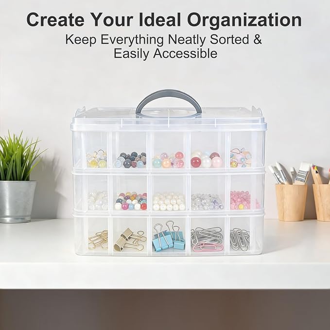 3-Tier Stackable Storage Container Box, 30 Compartments - Upgraded Large Clear Craft Organizer with Dividers for Beads, Small Toys, Jewelry, Washi Tape & Sewing Supplies