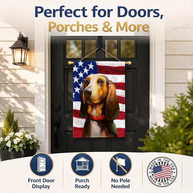 Caroline's Treasures CK6464CHF Bruno Jura Hound Dog American Flag House Flag Large Porch Sleeve Pole Decorative Outside Yard Banner Artwork Wall Hanging, Polyester, House Size, Multicolor