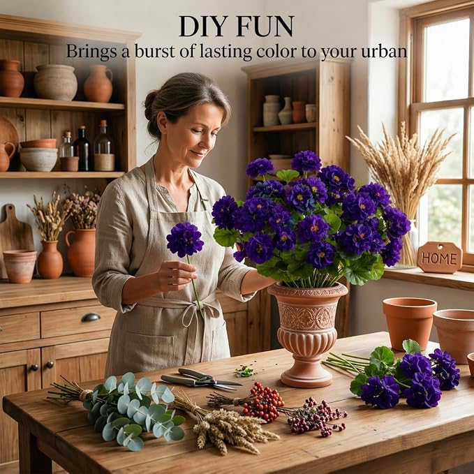 24 Pcs Artificial Geranium Flowers for Outdoor, UV Resistant Geraniums Artificial Flowers Realistic Faux Flowers Outdoor for Planters Outside Porch Garden Decor (15.3", Purple)