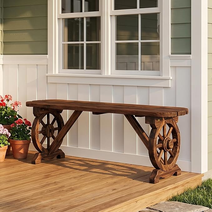 VINGLI Rustic Wooden Wheel Bench Outdoor Bench, Patio Bench Wagon Slatted Seat, Garden Benches for Outdoors 350lbs High Capacity, Weather Resistance (Rustic, 46in)