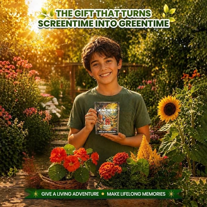 Gnome Garden Seed Kit - 5 Flower Seeds Varieties - Reach Milestones, Get Keepsakes - Dwarf Zinnia, Dwarf Sunflower, Celosia, Marigold, Nasturtium - Flower Seeds for Pollinators, Indoor, Outdoor
