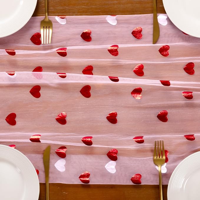 Socomi Valentine's Day Red Heart Table Runner Gauze Sheer Romantic Sequin 10FT Glitter Metallic Foil Dining Wedding Birthday Party Baby Shower Holiday Centerpiece Table Decor Pink