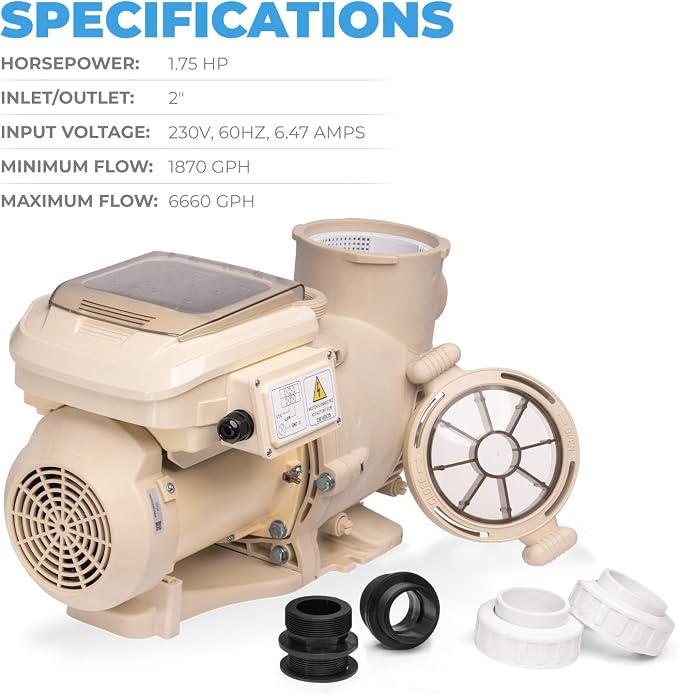 XtremepowerUS SuperFlow Variable Speed High-Flo Pool Pump In-Ground Swimming Pool Energy Efficient 230V, 1-1/2” & 2” Adapter Build-in Timer Control Panel