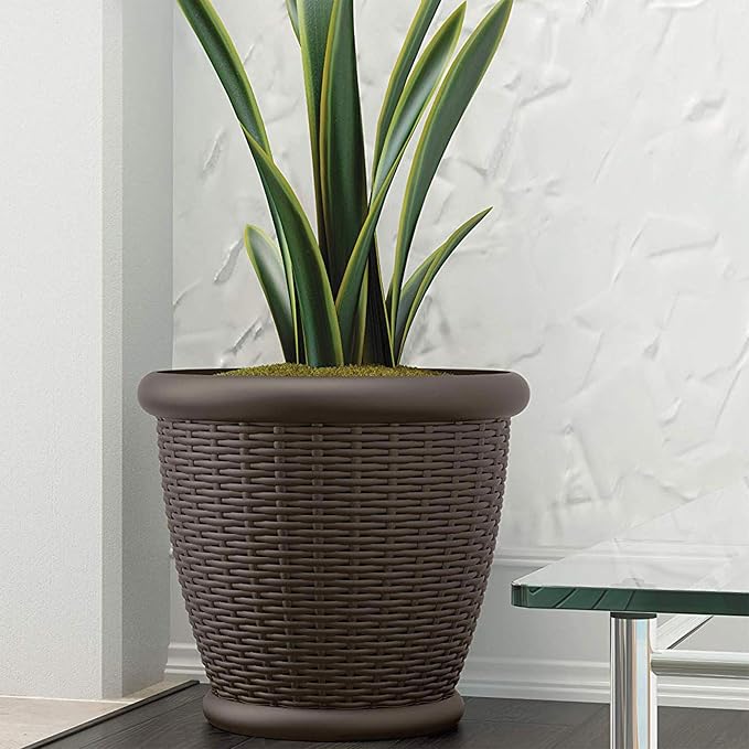 Suncast 2 Pack Wicker Planter w/Drillable Drain Holes, Decorative Indoor/Outdoor Pot, 18in, Java