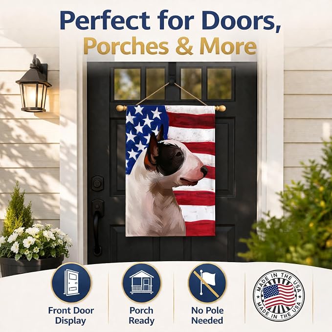 Caroline's Treasures CK6466CHF Bull Terrier Miniature American Flag House Flag Large Porch Sleeve Pole Decorative Outside Yard Banner Artwork Wall Hanging, Polyester, House Size, Multicolor