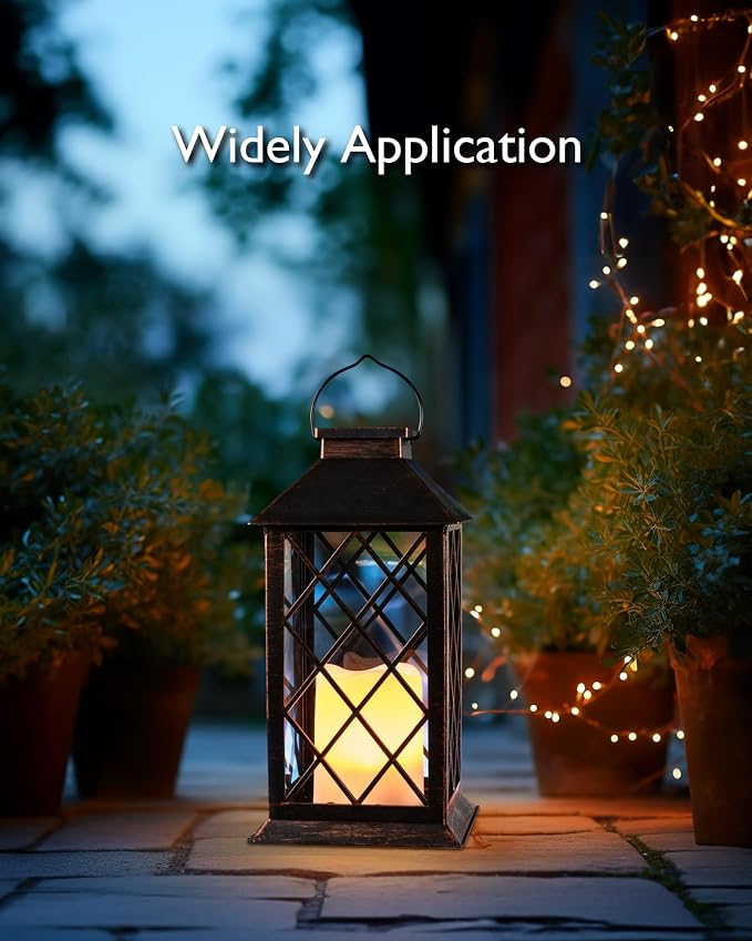 Homemory Solar Lanterns Outdoor Waterproof Hanging with Flickering Flameless Candles, 2 Pack 13'' Garden Outdoor Lantern Decorative for Patio Front Porch Backyard Balcony Cabin Outside(Antique Copper)
