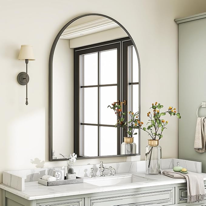 Arched Wall Mirror, 30 x 38 inch Arch Bathroom Mirror Black | Wall Mounted Bathroom Vanity Mirror with Arch Metal Frame, Modern Room Decor for Bedroom, Entryway, Hanging or Leaning