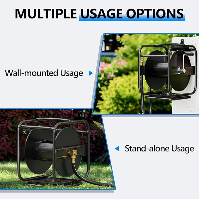SPECILITE Metal Heavy Duty Garden Hose Reel, 360° Rotation Frame, 65-90 Ft of Hose Storage Capacity, Stable and Portable Wall/Floor Mount Water Pipe Spool, Black