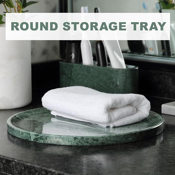 Karibiber Natural Marble Serving Tray, 11.8in Marble Round Tray, Green Stone Bathroom Tray for Countertop, Decorative Vanity Trays, Coffee Table Trays, Jewelry & Perfume Holder