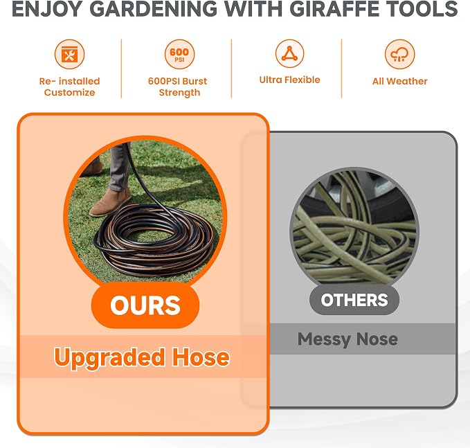 Giraffe Tools Garden Hose 5/8", Custom Length, Heavy Duty, No Kink, Flexible, Rubber Garden Hose, Leakproof Water Hose, 600 Burst PSI, 5ft Female to Female Hose