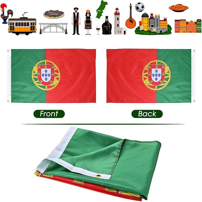AhfuLife 2 Pcs Portugal Flag 3x5 Ft, Portuguese Flag Large Portugal National Flags for Outside - Double Side with Brass Eyelets for Olympic Party Decorations, Bar Street Decoration Indoor Outdoor