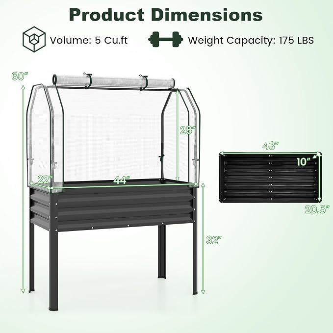 Giantex Raised Garden Bed with Legs & Greenhouse Cover, 44x22x60 Elevated Metal Planter Box with Roll-up Door, Outdoor Mini Greenhouse for Vegetable Flower Herb Patio Balcony (Black,1)