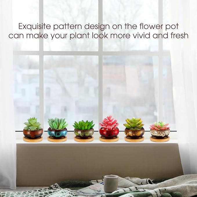 24 Pcs Ceramic Succulent Pots 2.5 Inch Small Plant Pots Indoor with Drainage and Bamboo Saucers Colorful Succulent Flower Planters for Garden Plants Home Decor