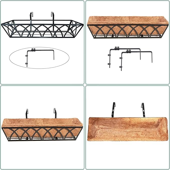 24 Inch Railing Planter Box with Coco Liner, Adjustable Metal Window Box, Hanging Flower Planter Outdoor, for Balcony Deck Fence Garden, Black, Set of 2