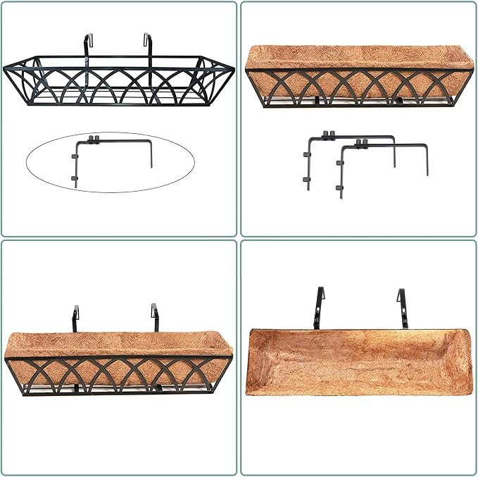 24 Inch Railing Planter Box with Coco Liner, Adjustable Metal Window Box, Hanging Flower Planter Outdoor, for Balcony Deck Fence Garden, Black, Set of 4
