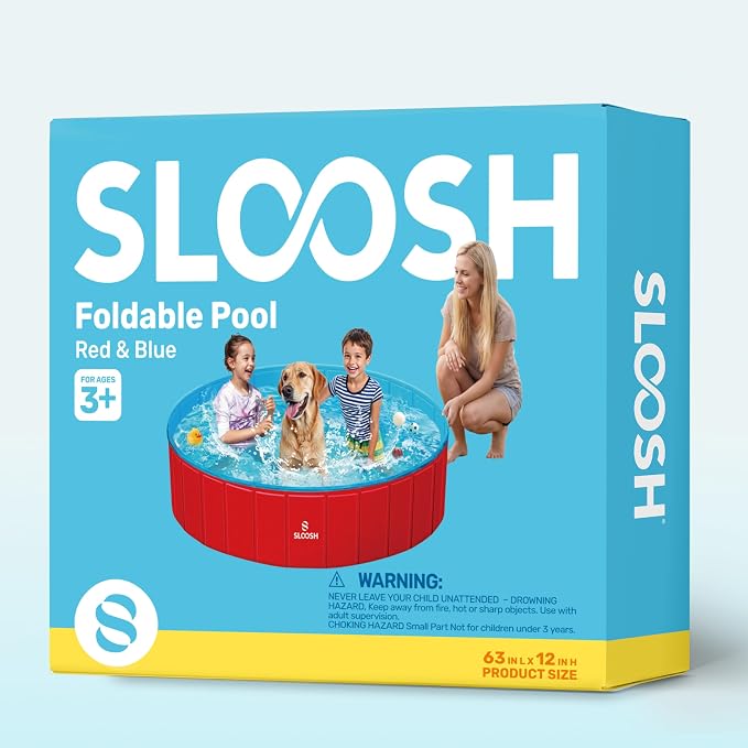 SLOOSH Foldable Dog Kiddie Pool - Portable Hard Plastic Doggie Swimming Pool, Anti-Slip Collapsible Pets Bath Tub Suitable for Kids Toddler Indoor Outdoor Backyard Use (Red, 63" x 12")