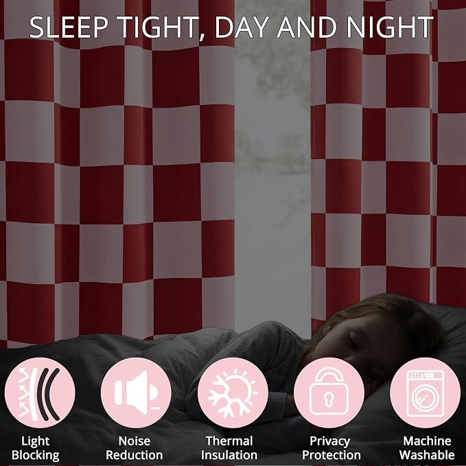 100% Blackout Checkered Curtains – 2 Panels, Each W52×L96, Thermal Insulated, Nosie Reducing for Bedroom, Modern Pink and Red Checkerboard Design for Girls Room