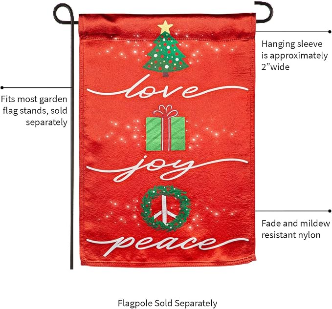 Evergreen Flag Love, Joy, Peace Lustre Garden Flag 12x18 Inches Double Sided | Christmas Garden Flag for Outside | Weather and Fade Resistant | Outdoor Flag For Yards and Gardens