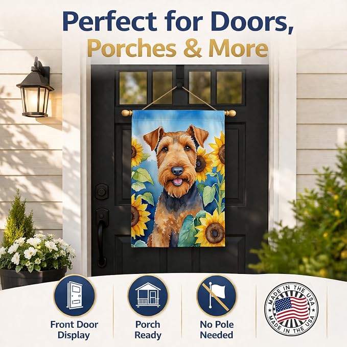 Caroline's Treasures DAC6002CHF Airedale Terrier in Sunflowers House Flag Large Porch Sleeve Pole Decorative Outside Yard Banner Artwork Wall Hanging, Polyester, House Size, Multicolor