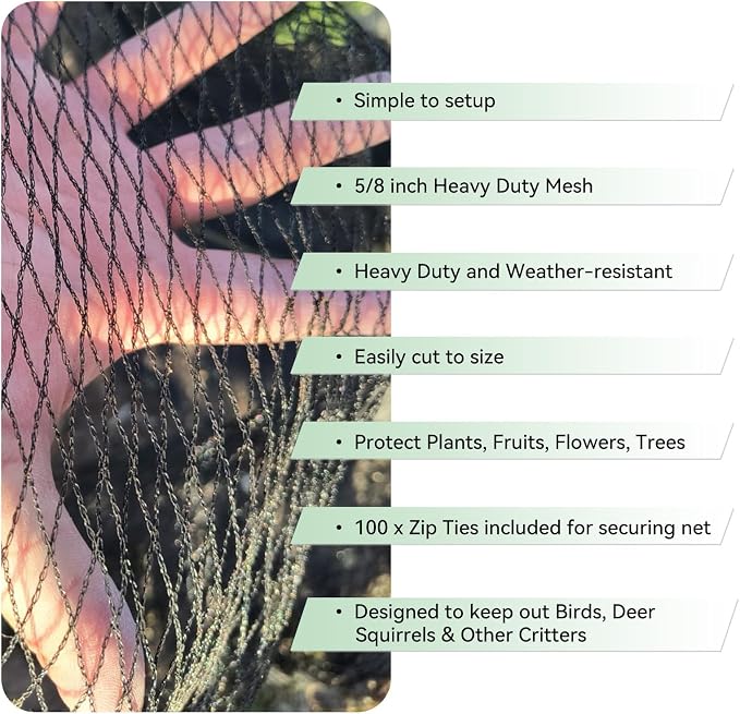 Bird Netting for Garden 25x50 Ft, 1 Inch Mesh Heavy Duty Garden Netting for Plants, Fruit Trees & Blueberries, UV Resistant Outdoor Protection Against Birds, Squirrels, Deer & Poultry