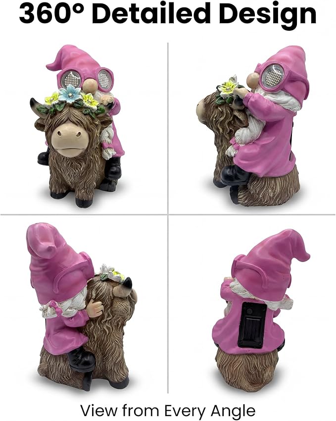 iStatue Solar Highland Cow Garden Statue with Animated LED Goggles - 8.7" Resin Gnome Figurine Moving Pixel Matrix Eyes Unique for Mom Women (Pink)