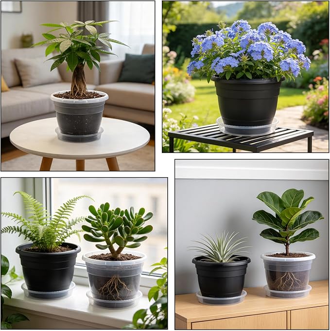 RooTrimmer 8 Inch Clear Nursery Pots with Drainage Holes and Clear Saucers,Transparent Flower Planters for Indoor Outdoor Plants,Thick Plant Pots for Herbs Succulents (10 Pack)