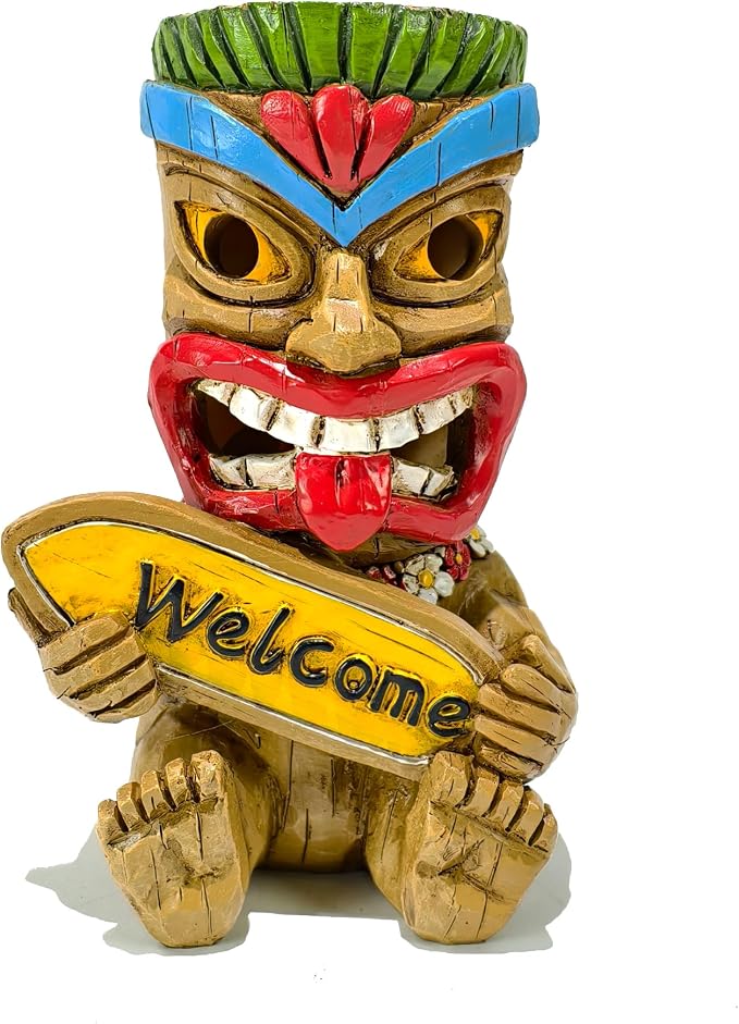 Suyorpe Miniature Tiki Garden Statue Solar Outdoor Decorations - Tiki Bar Welcome Sign Lights for Patio Yard Lawn Ornaments Gifts for Birthday Housewarming Summer 3.2''(W) x 3.4''(D) x 5.9''(H)