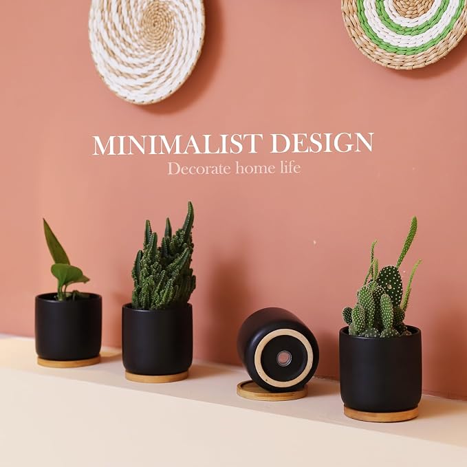 4 Inch Ceramic Plant Pots with Saucer, Black Pot with Drainage Hole | Flower Planter, with Mesh Pads, for Herbs Cactus, Home Decor, Set of 2, Plants Not Included