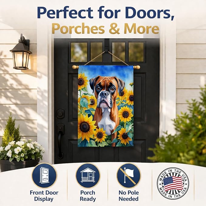 Caroline's Treasures DAC6037CHF Boxer in Sunflowers House Flag Large Porch Sleeve Pole Decorative Outside Yard Banner Artwork Wall Hanging, Polyester, House Size, Multicolor