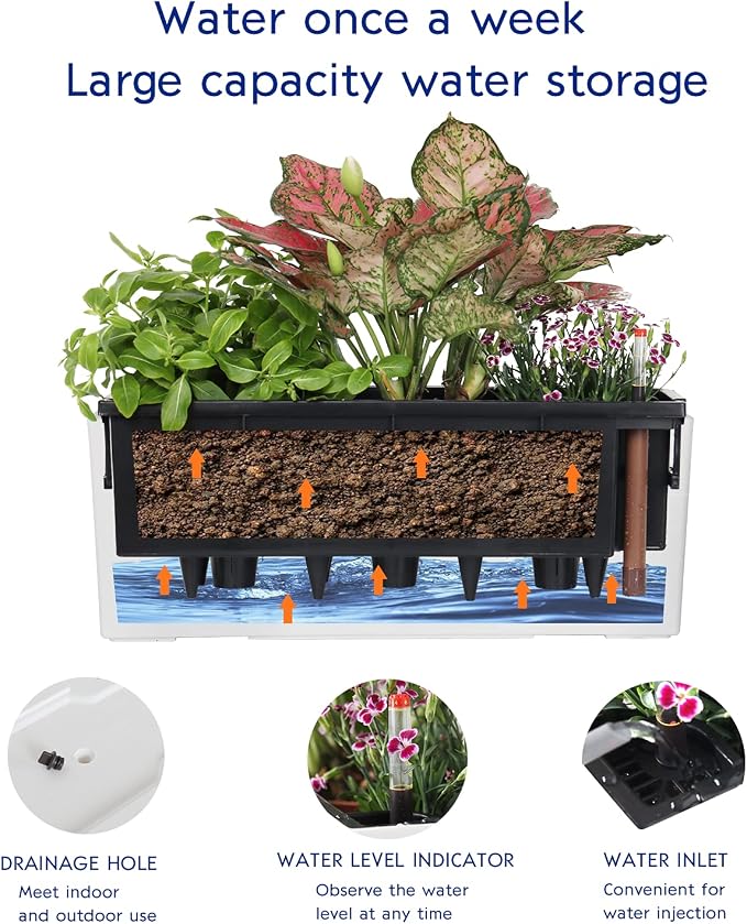 Elongated Self Watering Planter Pots 2-Pack Window Box 5.5 x 16 inch Indoor Home Garden Modern Decorative Planter Pot for All House Plants Flowers Herbs (White,2)