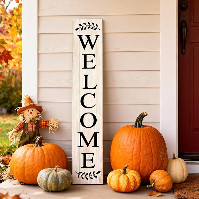Farmhouse Wooden Welcome Sign Stand for Front Door, 47" Large Welcome Sign for Front Porch, Rustic Vertical Tall Porch Leaner Decor for Outdoor Patio Garden