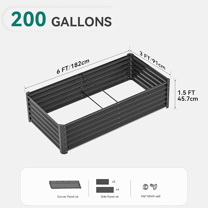 YITAHOME 6x3x1.5 ft Galvanized Raised Garden Bed Kit, Large Metal Planter Box with Gloves & Support Rod, Outdoor Flower Bed for Plants Vegetables, Black