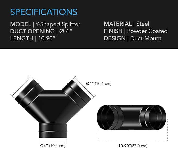 AC Infinity 3-Way Duct Splitter, 4 x 4 x 4” Exhaust Pipe Splitter. | Y Connector, for Dryers and Vent Hoses